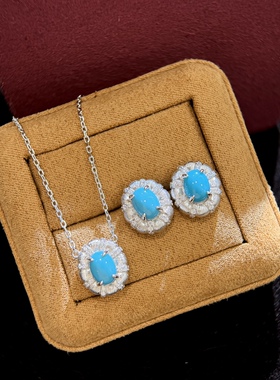 复古拉丝新款椭圆蓝绿松石项链通体925纯银女锁骨链气质时尚个性