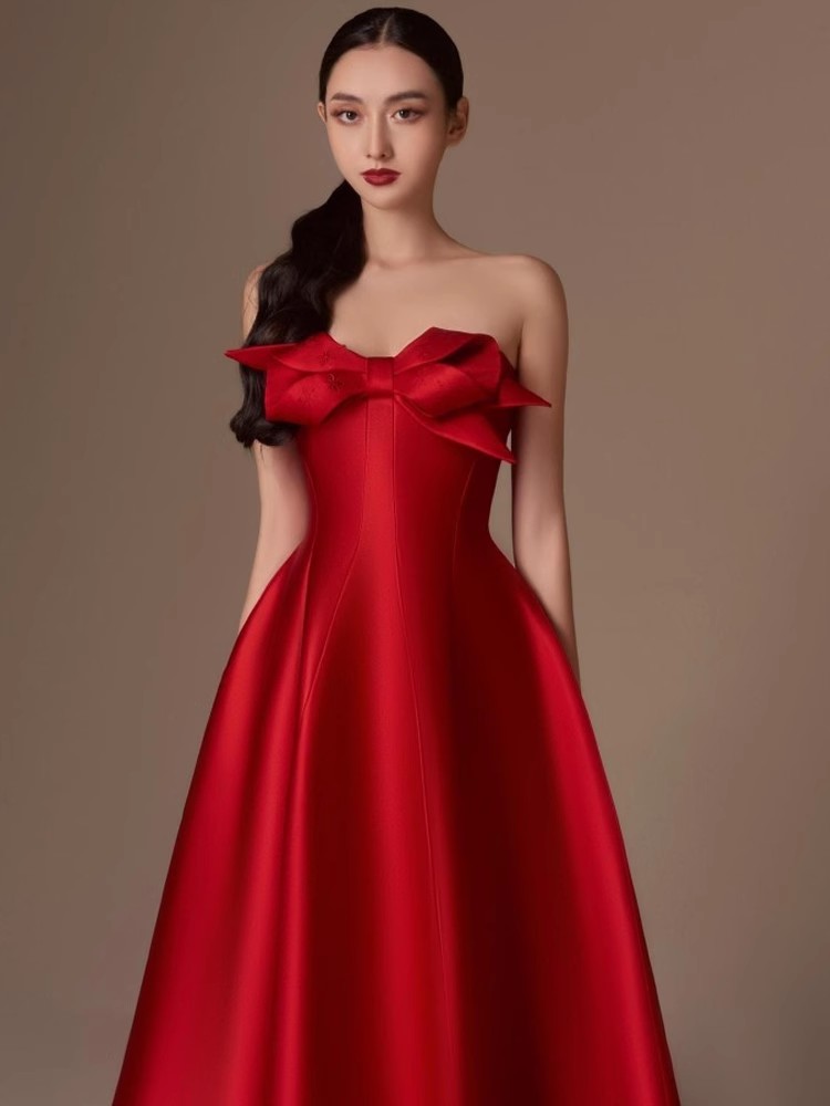 高定轻奢女装红色小众设计长裙新娘回门服敬酒服法式简约礼服 - 图0