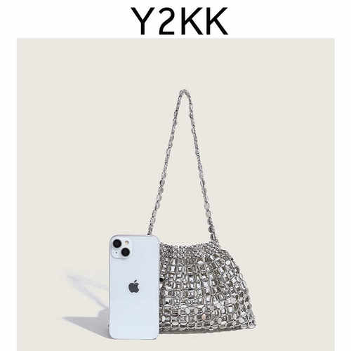 Y2KK手提小众设计感银色手工串珠编织手提包夏日B备腋下单肩包潮 - 图0
