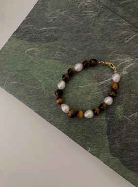 小众原创自然主义虎眼石珍珠手链