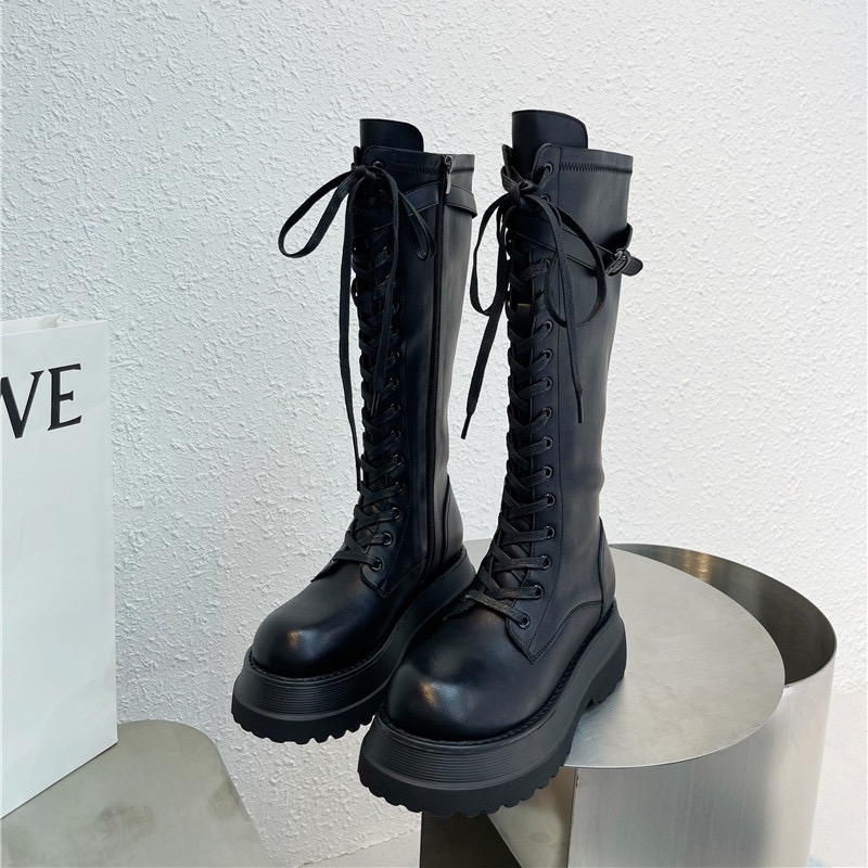 长筒靴女2025秋冬新款粗跟厚底中高筒系带不过膝马丁靴骑士靴子女 - 图2