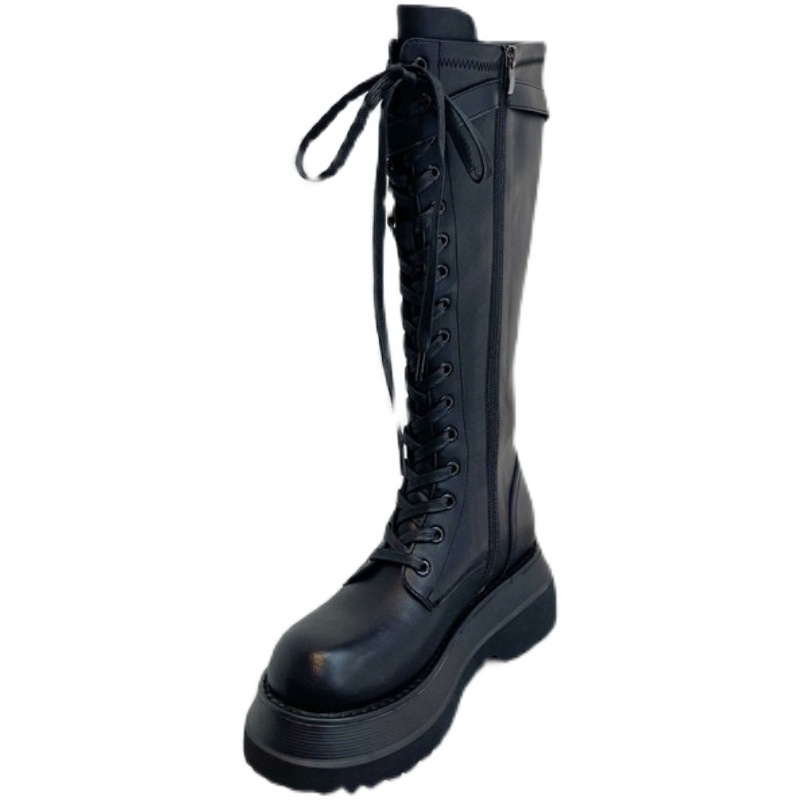 长筒靴女2025秋冬新款粗跟厚底中高筒系带不过膝马丁靴骑士靴子女 - 图3