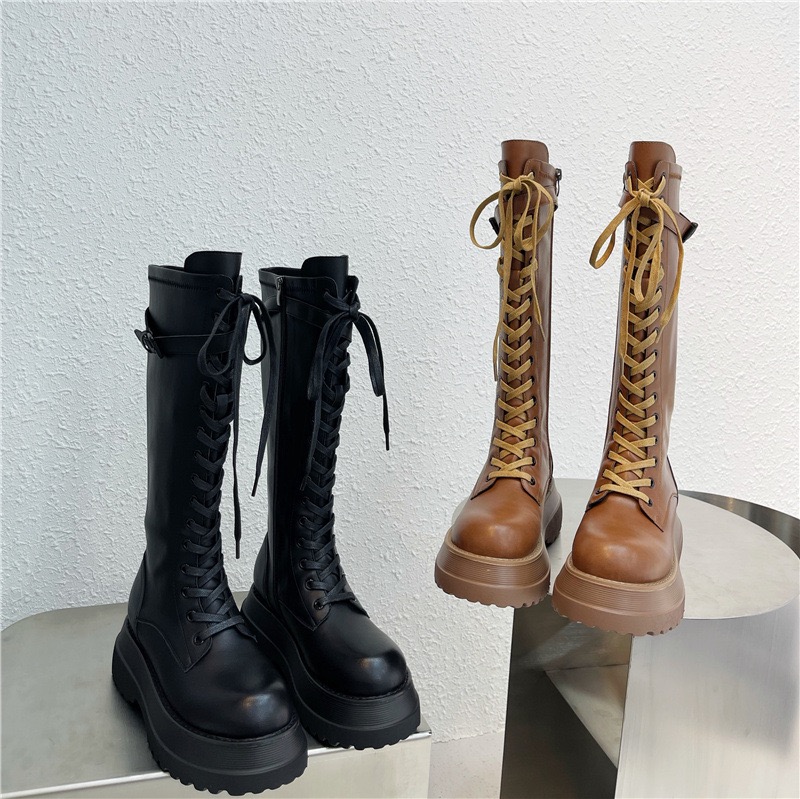 长筒靴女2025秋冬新款粗跟厚底中高筒系带不过膝马丁靴骑士靴子女 - 图0