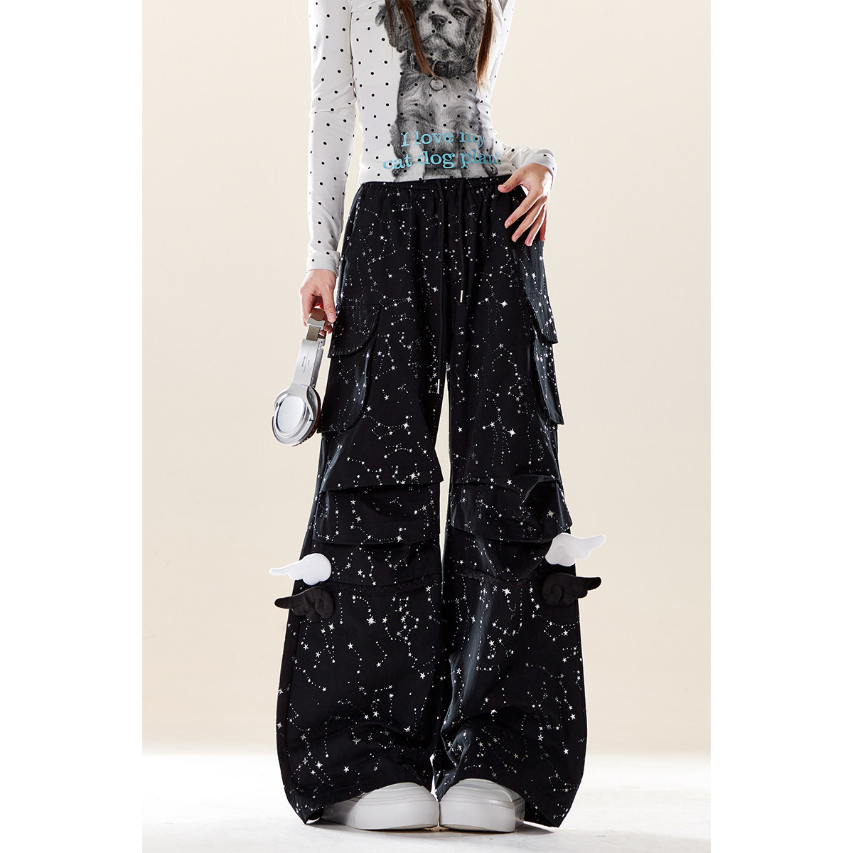 自然涩美式复古星星烫银休闲裤女秋冬季y2k翅膀装饰褶皱工装裤子 - 图0