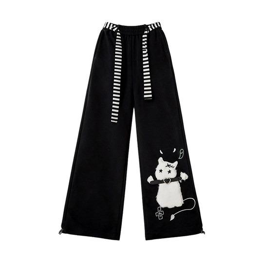 Черные повседневные спортивные штаны для женщин на весну, осень и зиму в стиле котенка с вышивкой