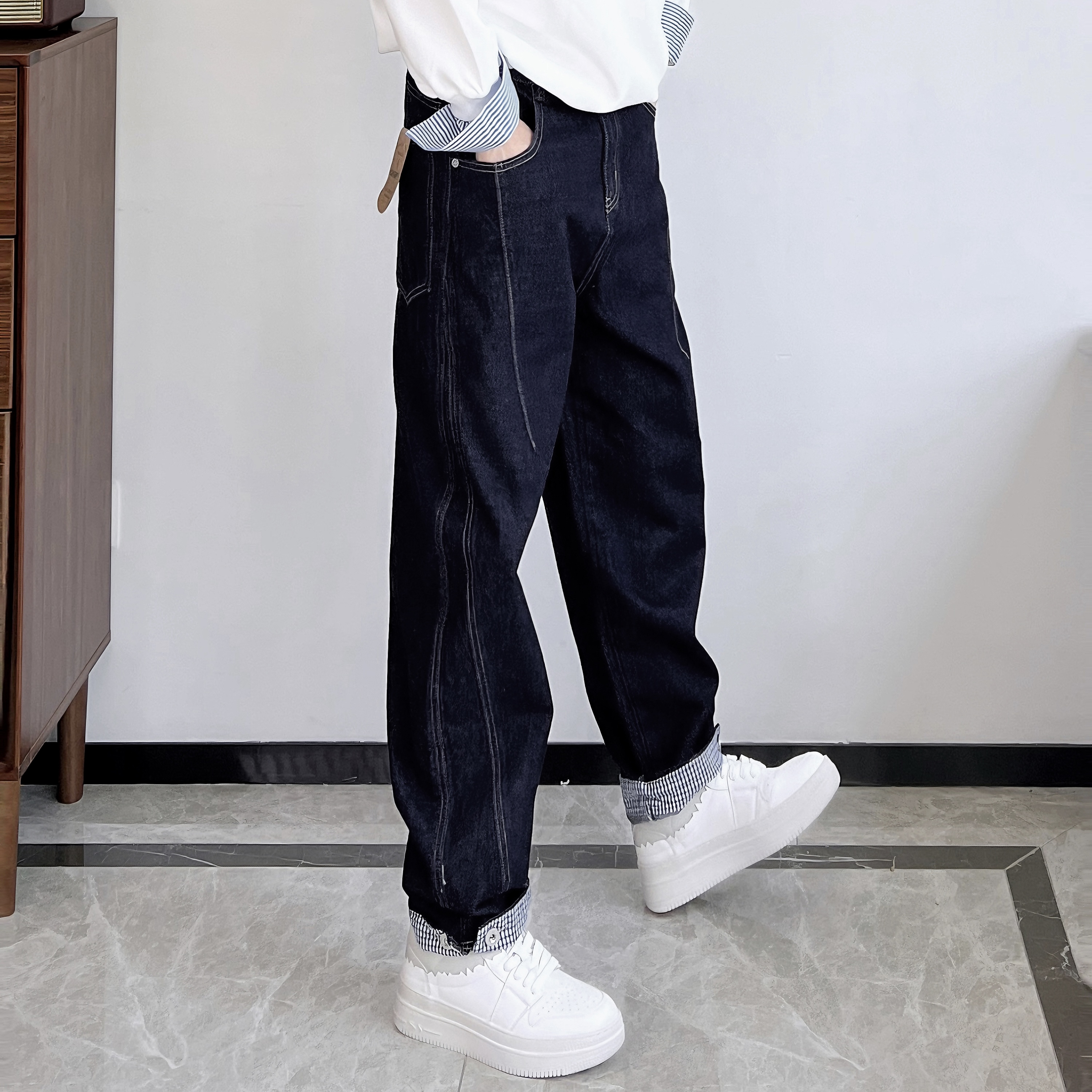 LUCHONG设计感拼接美式弯刀牛仔裤 蓝黑廓形宽松牛仔休闲长裤男装 - 图1