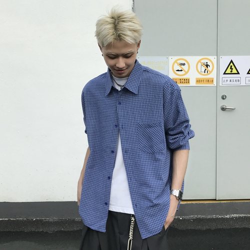 Kid The1One美式复古蓝Miu风格子长袖衬衫男女同款宽松休闲衬衣 - 图3
