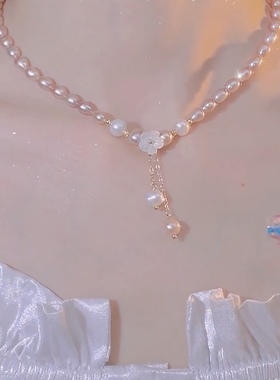 小花朵蝴蝶抽拉珍珠项链女