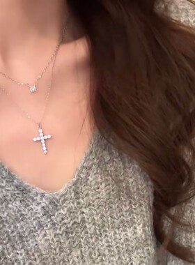 镶钻十字架钛钢毛衣项链女