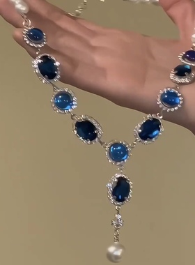 名媛风蓝色锆石珍珠项链女