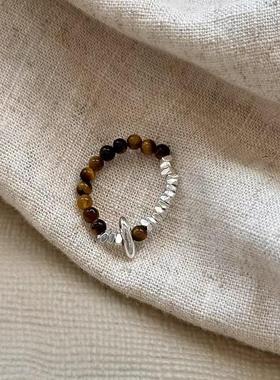 碎银虎眼石串珠戒指新中式复古