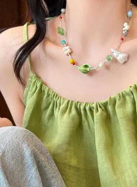 2026夏日多巴胺彩色不规则贝壳串珠项链女海边度假风锁骨链高级感