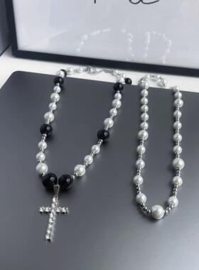 2026镶钻十字架串珠拼接钛钢项链男时尚潮流轻奢小众个性设计礼物