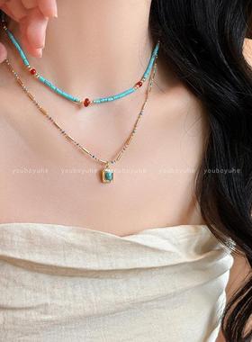2026蓝色串珠项链女轻奢高级感小众叠戴锁骨链新款夏季配饰