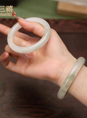 2026天然新疆天山翠手镯冰翠飘花扁条雪翠翡翠色金丝玉半山水玉镯