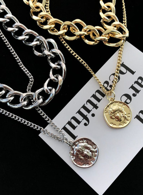 欧美复古夸张人像双层短款锁骨链