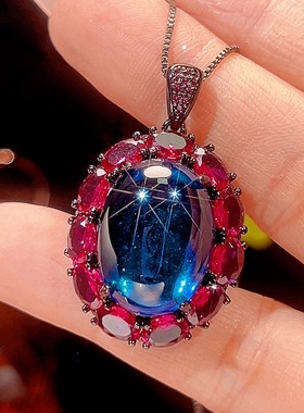 新款铜镀枪黑色仿蓝尖晶椭圆形吊坠女款项链仿红刚玉镶钻开口戒指