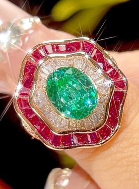 新款铜镀玫瑰金色仿帕拉伊巴碧玺镶钻吊坠女款项链仿彩宝开口戒指