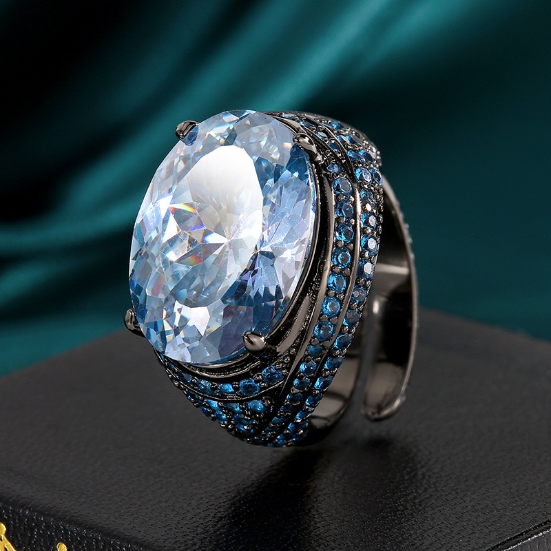 新款铜镀枪黑色仿绿碧玺戒指女款仿坦桑石镶钻指环轻奢满钻食指戒 - 图1