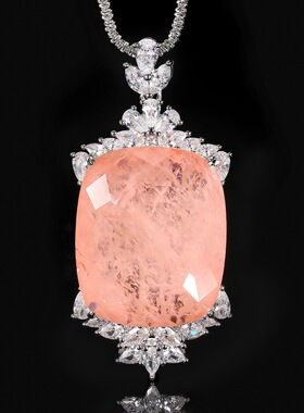 新款铜镀银饰品仿肉粉色摩根石吊坠女锁骨项链仿彩宝镶钻方形挂坠