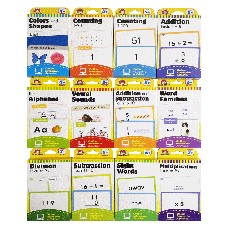 Evan-Moor The Learning Line Flashcard 闪记学习卡 3岁以上 美国加州教辅 evanmoor 少儿英语训练 颜色 数学 加减乘除运算字母表 - 图1