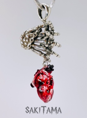 SAK1TAMA手工制作骷髅手骨心脏吊坠纯银链饰品心脏项链男女潮礼物