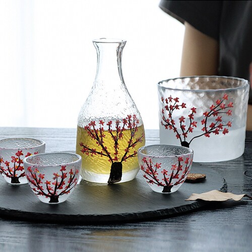 日式樱花锤纹清酒壶清酒杯子烈酒杯套装少女磨砂玻璃分酒器温酒器 - 图0