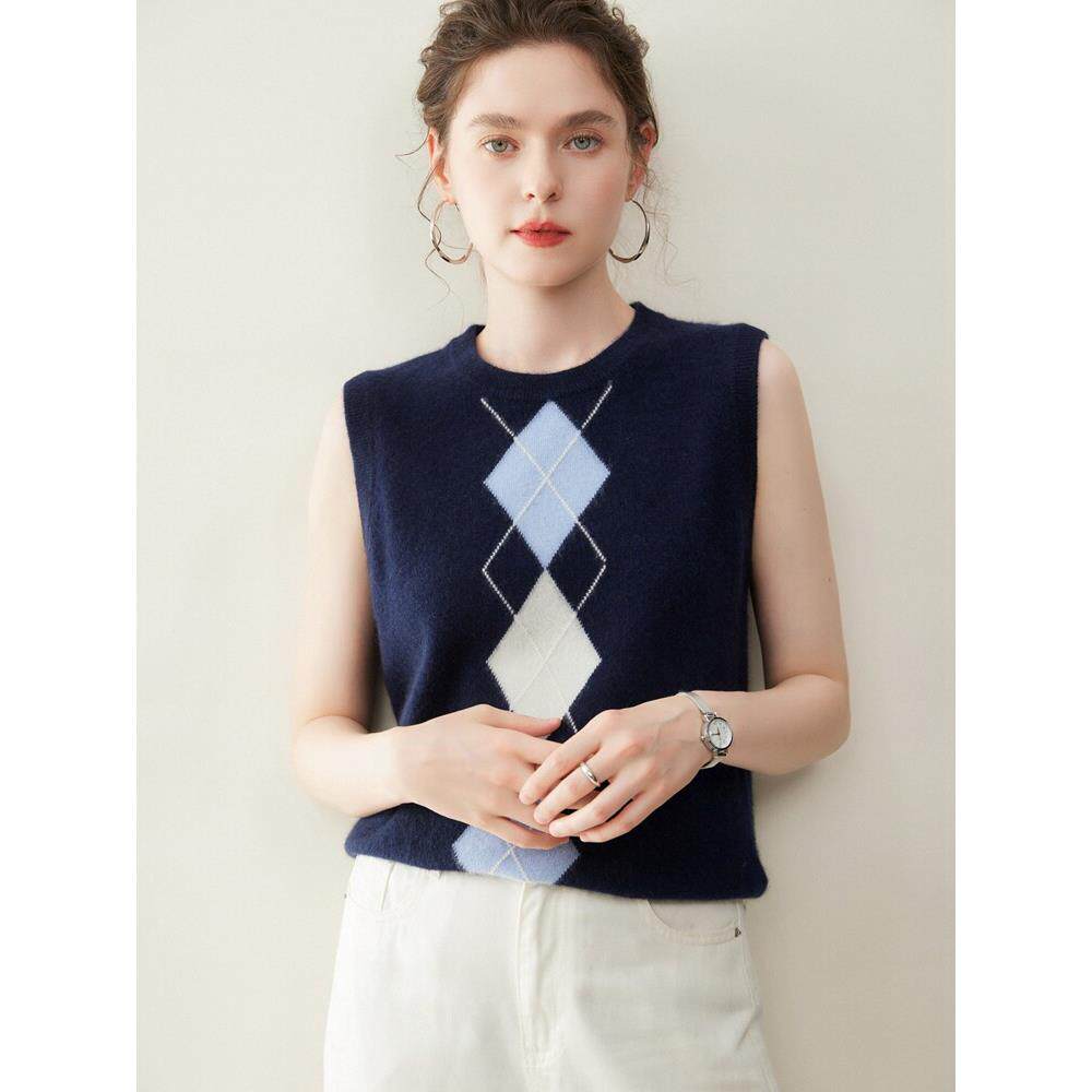 26 spring style round neck diamond intarsia cashmere vest for women loose layered sleeveless inner sweater vest