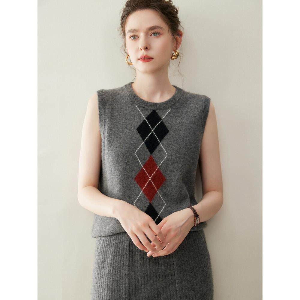 26 spring style round neck diamond intarsia cashmere vest for women loose layered sleeveless inner sweater vest