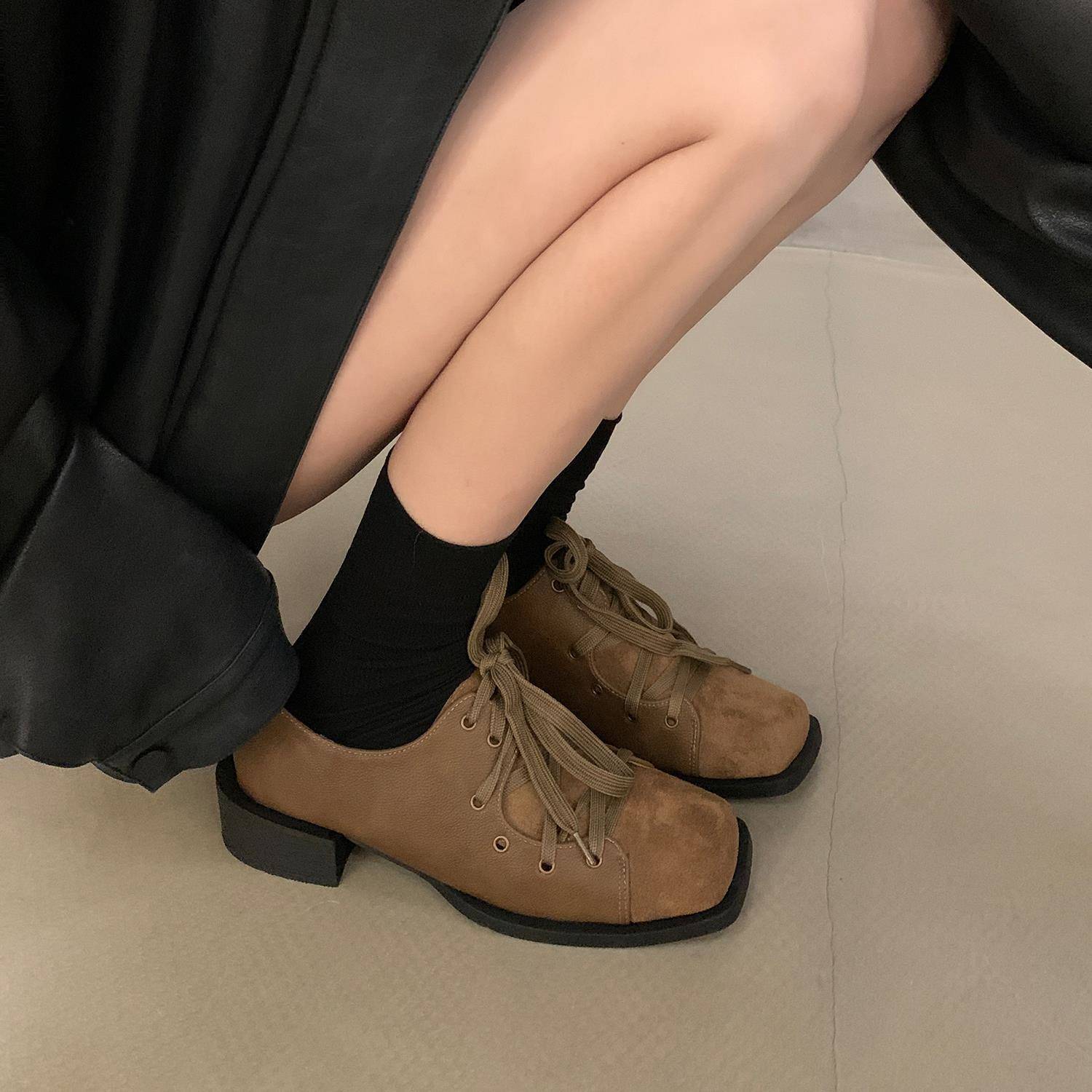 香港覆古厚底方头系带乐福鞋小皮鞋女鞋子2025年新款夏季百搭单鞋 - 图1