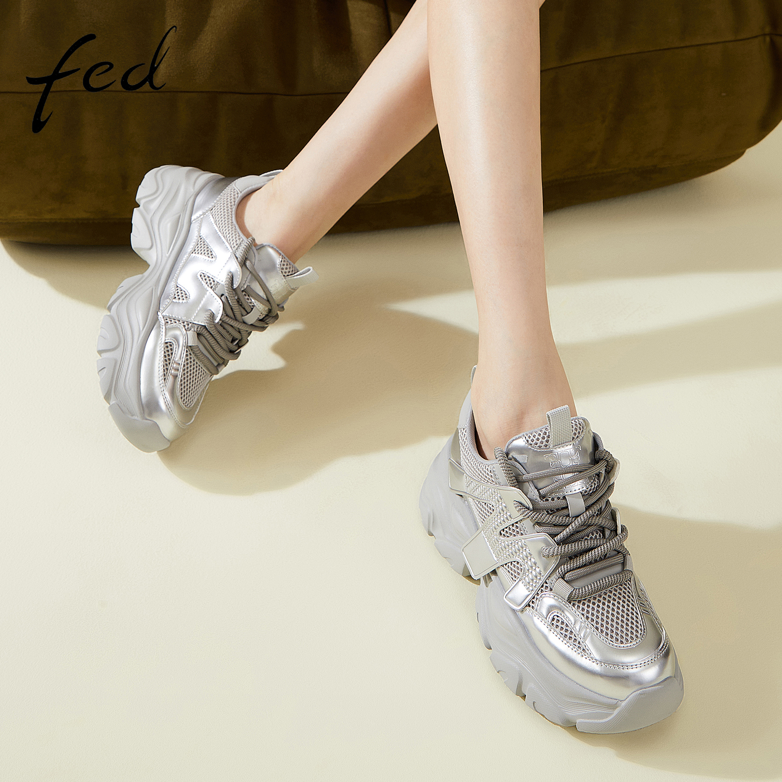 fed银色老爹鞋夏季新款女鞋网面透气厚底鞋时尚户外休闲鞋运动鞋 - 图0