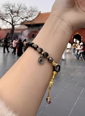 北京法物黑曜石手链景泰蓝掐丝珐琅银曜石手串送女朋友生日礼物