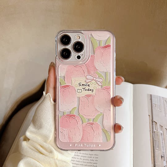 Ins small fresh tulips suitable for Apple 16 Promax mobile phone case iPhone 15 transparent 12 anti-fall XR women
