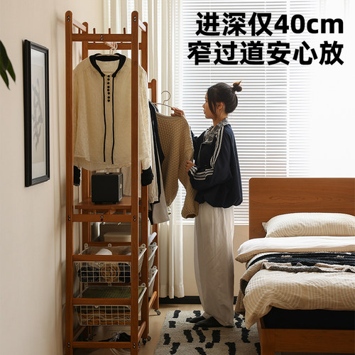 玄素家居全实木衣帽架落地卧室樱桃木玄关置物架推拉收纳篮挂衣架 - 图3