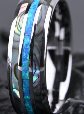 8宽球面钨钢戒指镶天然澳宝鲍鱼壳男士钨钢戒指现货
