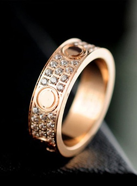 时尚钛钢饰品窄版三排钻六钉戒指满天星满钻情侣戒欧美食指戒