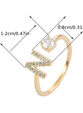 TEMU热销26个英文字母微镶锆石时尚女士戒指 铜镀14K开口素圈现货