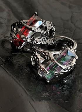 熔岩液态荆棘开口戒指红宝石欧美感开口食指甜酷风镂空指环