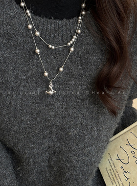 西太后土星叠戴灰珍珠项链女轻奢高级感长款毛衣链秋冬气质配饰品