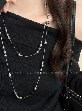 双层灰色珍珠叠戴项链女秋冬高级感长款毛衣链时尚轻奢气质配饰品