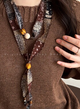 红咖腰果花圆环抽拉项链女2025秋季新款波西米亚风毛衣链百搭配饰