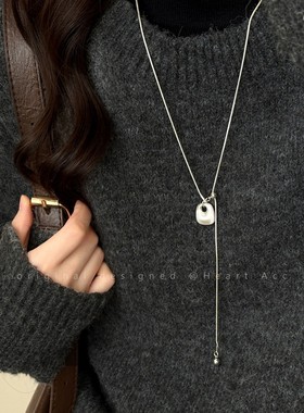 简约银色拉丝圆环项链女秋冬轻奢小众高级感毛衣链长款抽拉式配饰