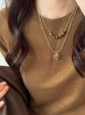 爱心虎眼石双层叠戴项链女轻奢高级感秋冬长款毛衣链气质百搭配饰