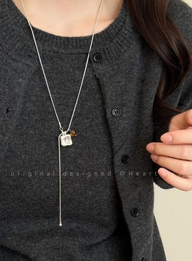 虎眼石拉丝方糖吊坠项链女轻奢高级感秋冬百搭毛衣链长款抽拉配饰