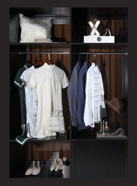 新中式样板房间衣帽间软装饰品摆件全屋定制衣柜旗袍唐装鞋包套装