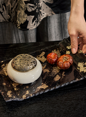 样板房间客厅软装搭配布置玻璃果盘新中式茶几茶具装饰摆件高级感