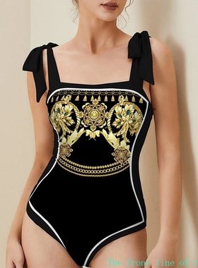 Printed slim fit women's sexy bikini双面黑色连体泳衣女沙滩高