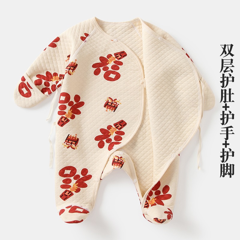新生婴儿儿衣服冬季夹棉连体衣龙年宝宝中国风拜年服纯棉保暖连脚