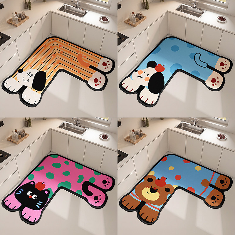 Kitchen corner floor mat L-shaped diatom mud absorbs water and oil