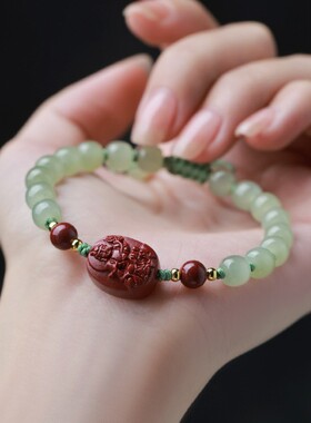 2026天然和田玉手串朱砂本命佛手链女款本命年手饰品普贤菩萨文殊